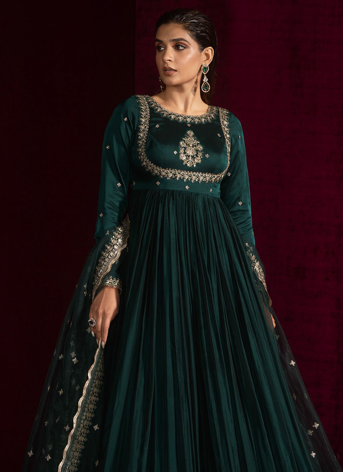Green Anarkali Set with Pants and Dupatta