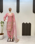 French Crape Embroidered Top with Pants and Organza Dupatta