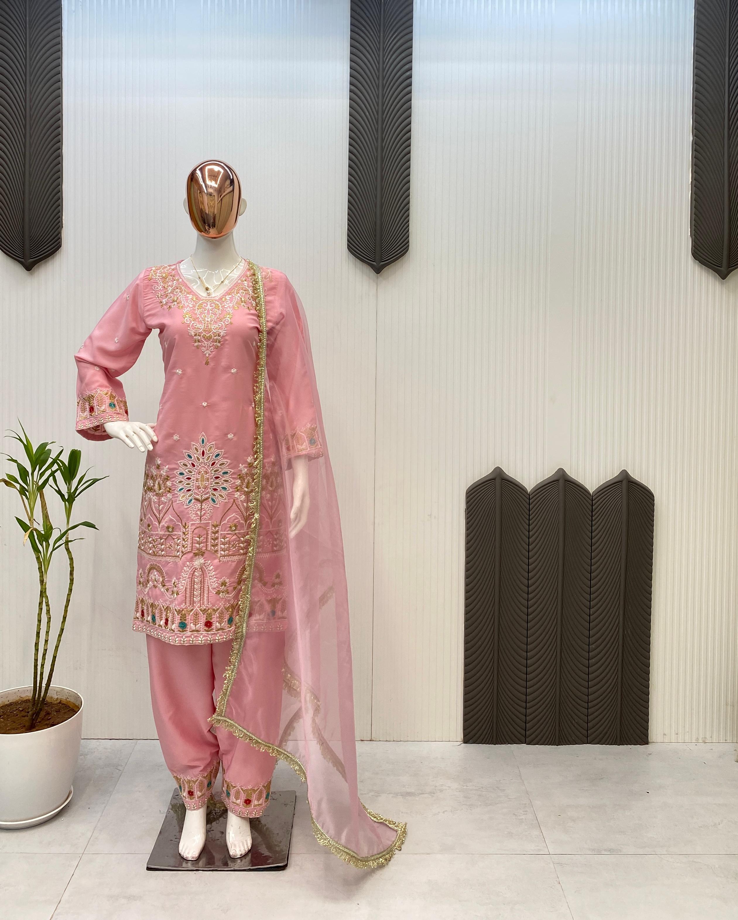 French Crape Embroidered Top with Pants and Organza Dupatta