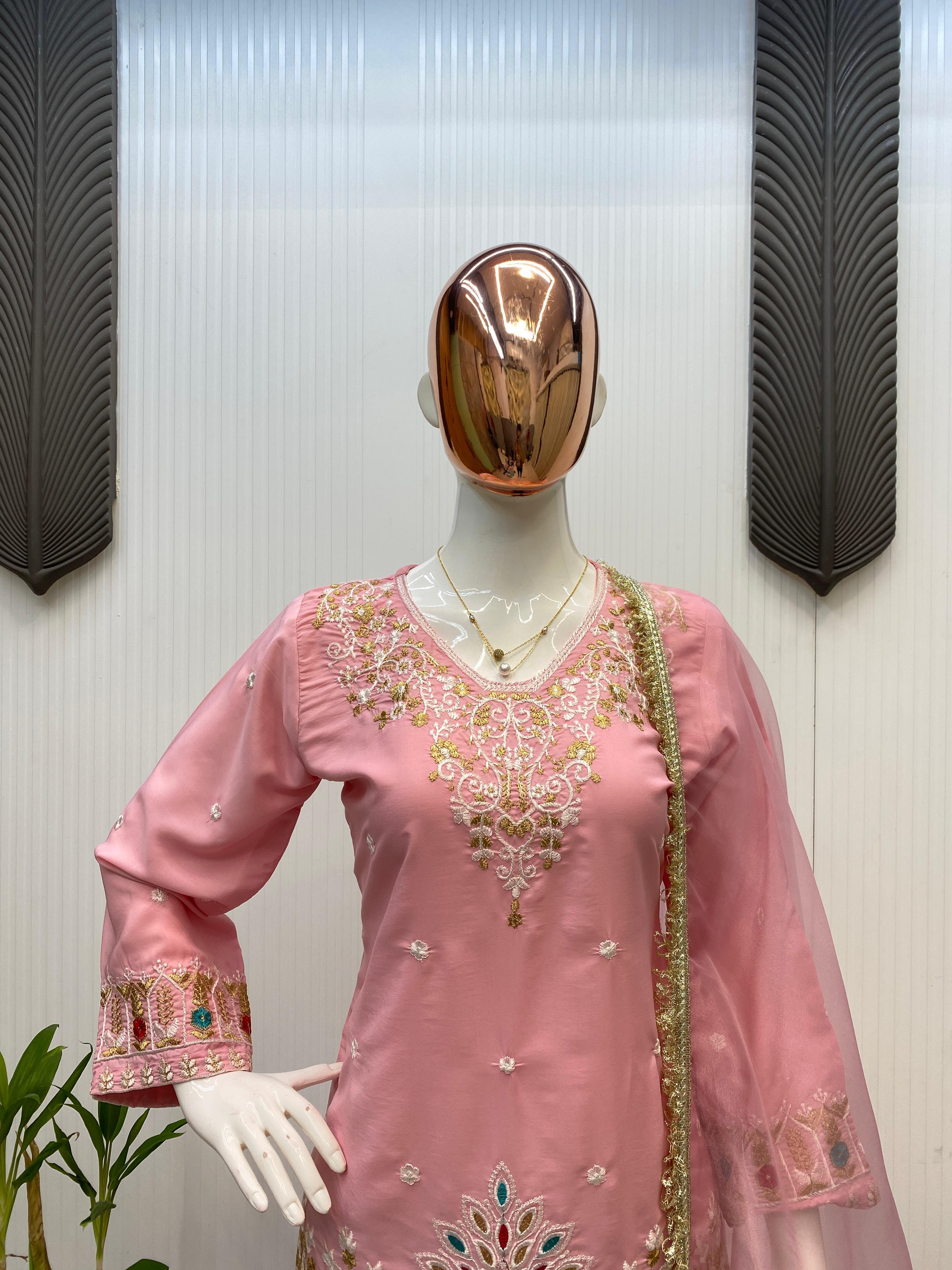 French Crape Embroidered Top with Pants and Organza Dupatta