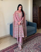 French Crape Embroidered Top with Pants and Organza Dupatta