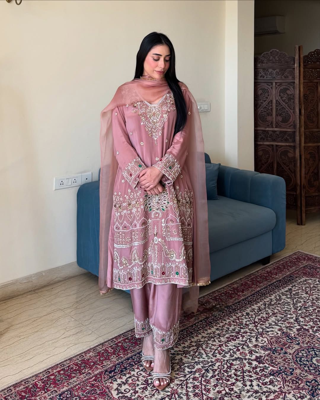 French Crape Embroidered Top with Pants and Organza Dupatta