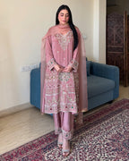 French Crape Embroidered Top with Pants and Organza Dupatta