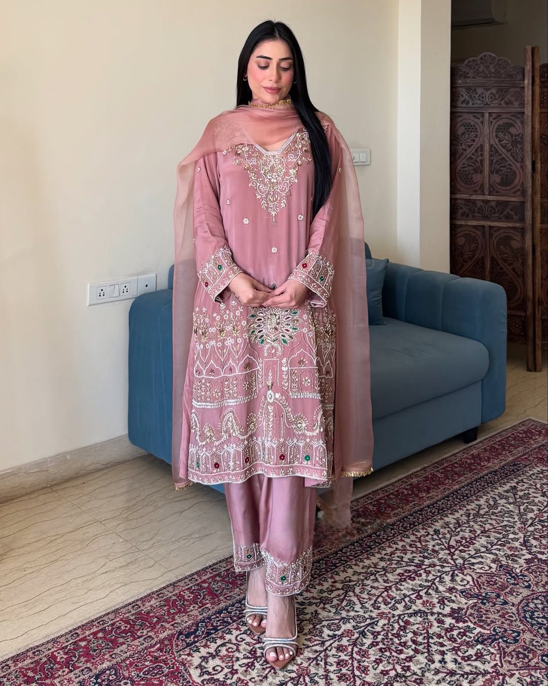 French Crape Embroidered Top with Pants and Organza Dupatta