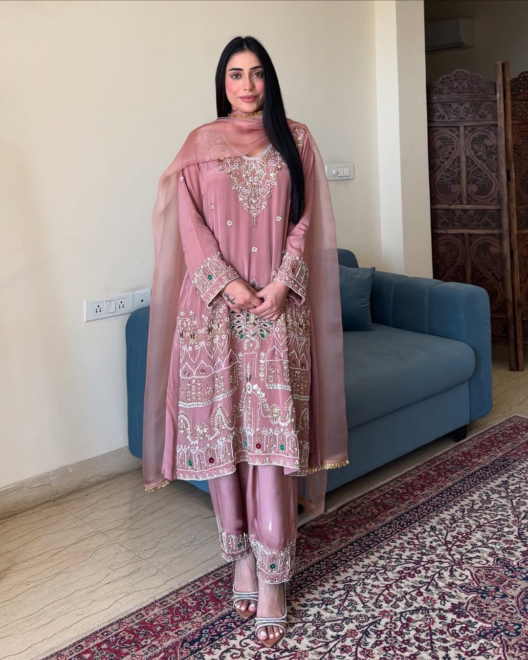 French Crape Embroidered Top with Pants and Organza Dupatta