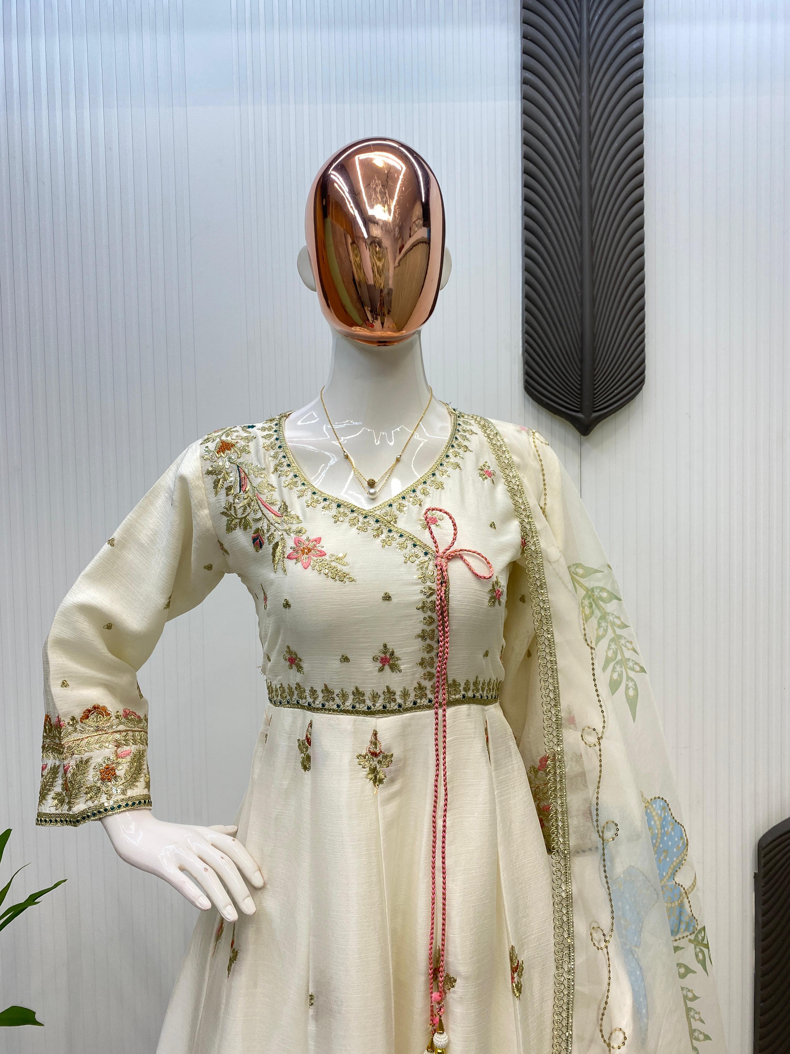 Chinon Gown with Sequined Plazzo and Printed Organza Dupatta