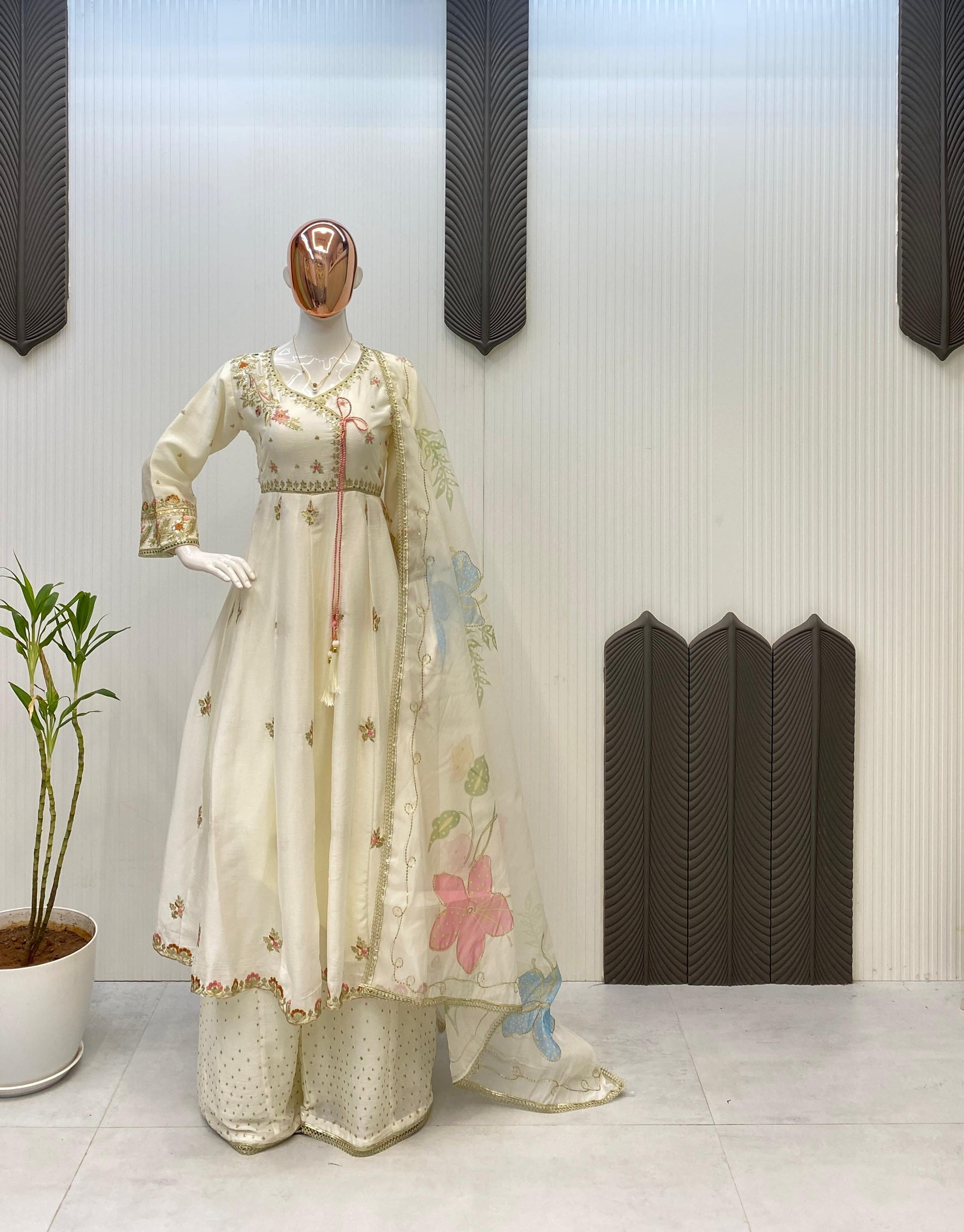 Chinon Gown with Sequined Plazzo and Printed Organza Dupatta