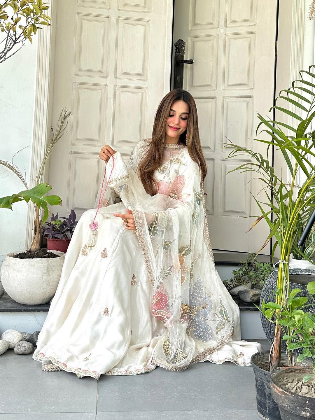 Chinon Gown with Sequined Plazzo and Printed Organza Dupatta