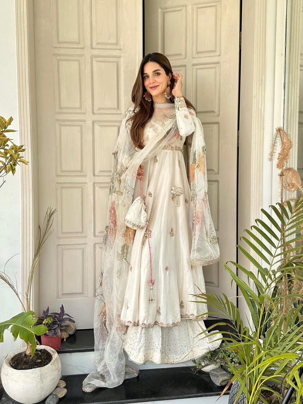 Chinon Gown with Sequined Plazzo and Printed Organza Dupatta