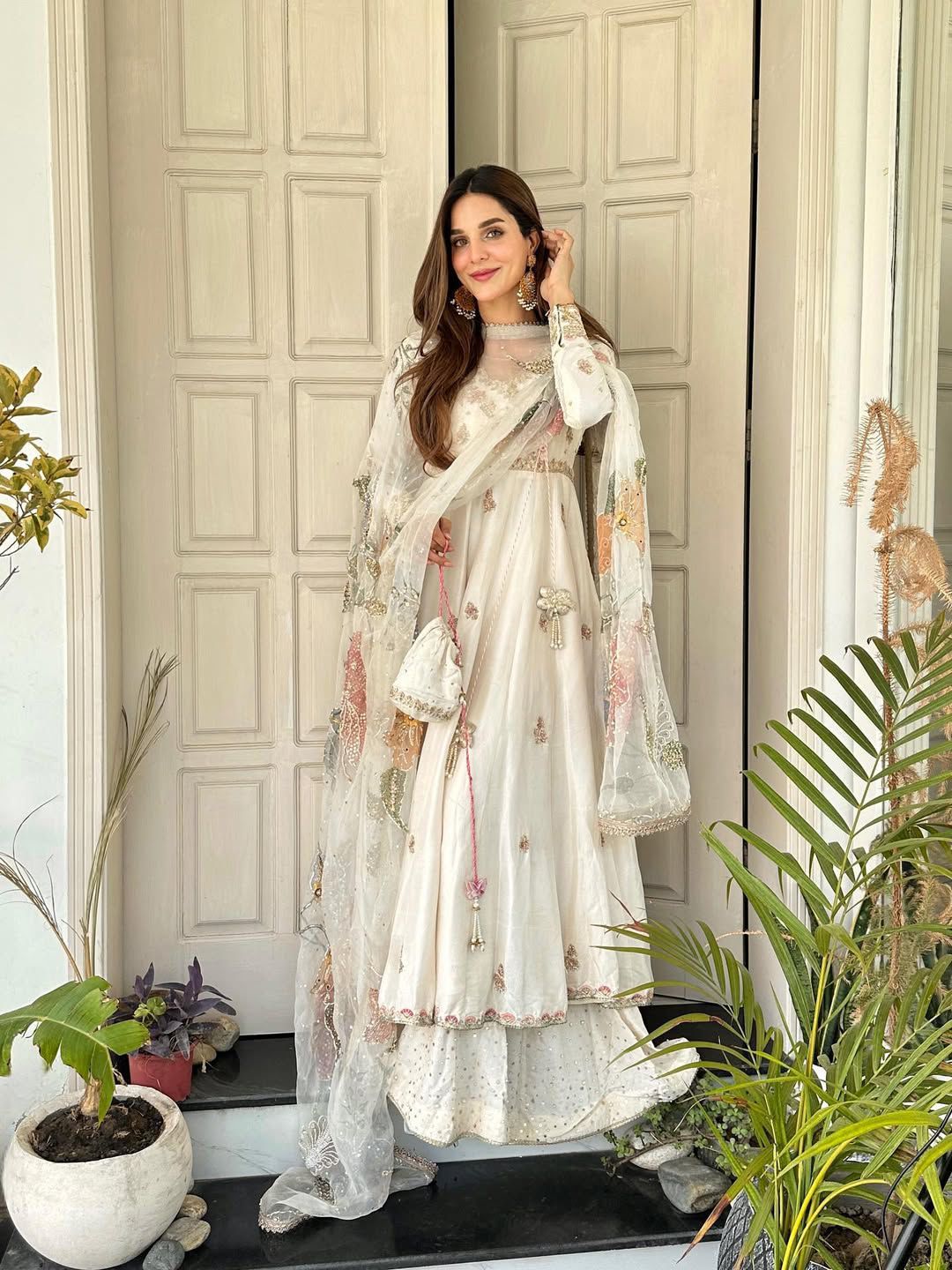 Chinon Gown with Sequined Plazzo and Printed Organza Dupatta