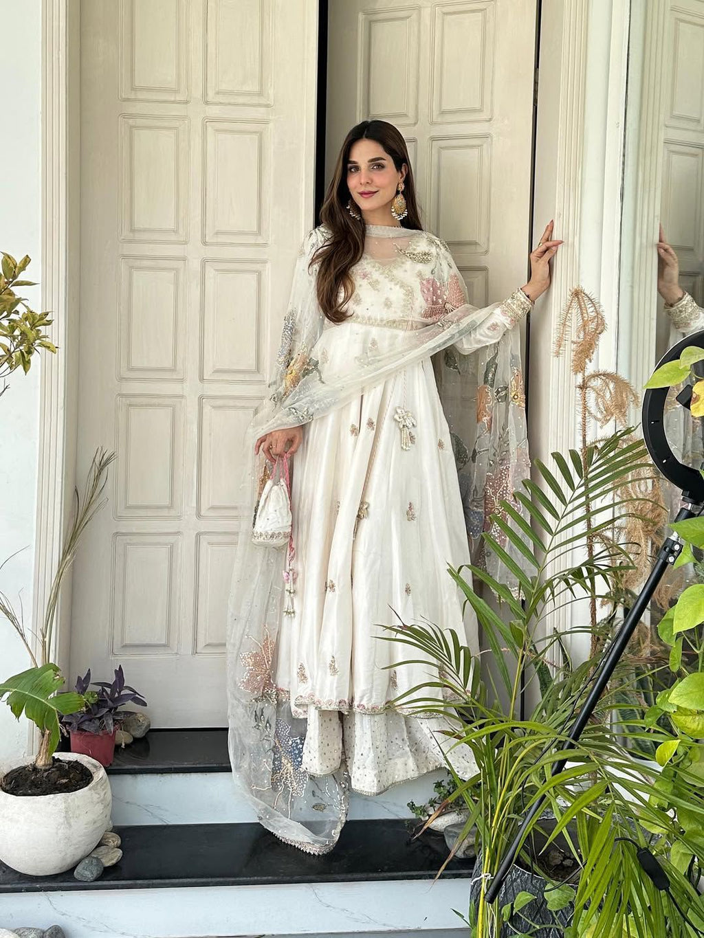 Chinon Gown with Sequined Plazzo and Printed Organza Dupatta