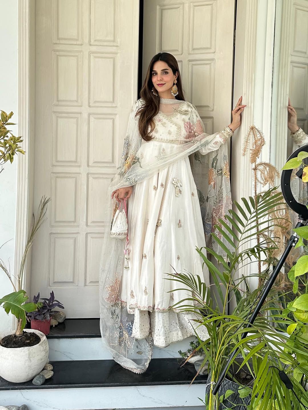Chinon Gown with Sequined Plazzo and Printed Organza Dupatta