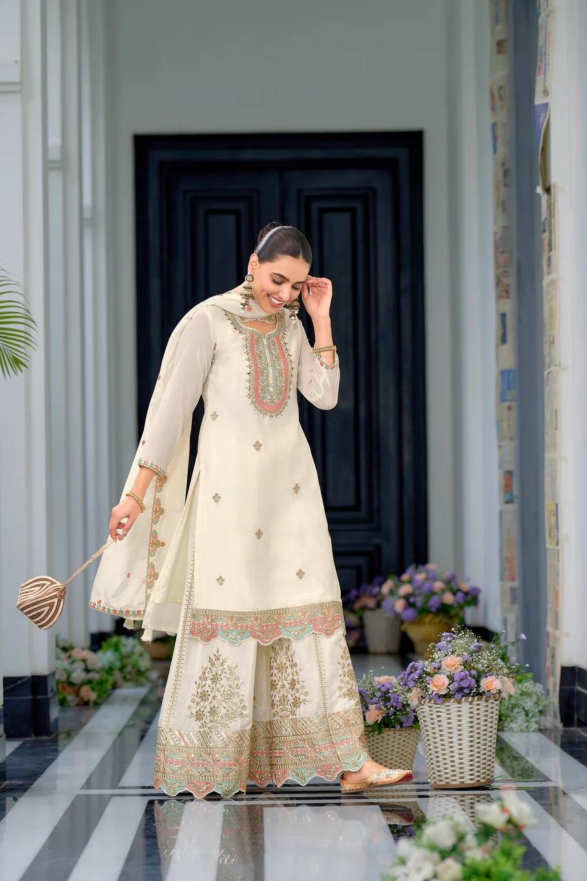 Heavy Chinon Silk Embroidered Sharara Set with Dupatta