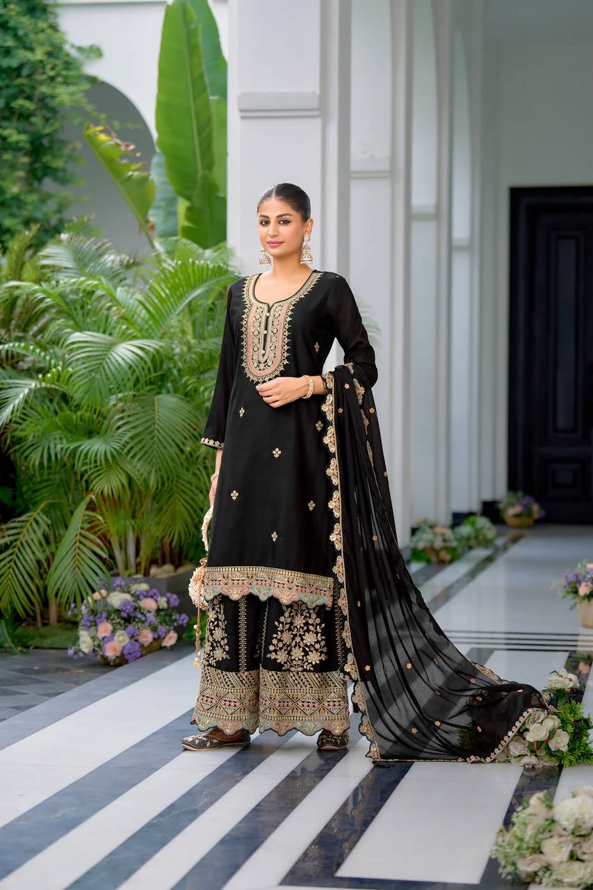 Heavy Chinon Silk Embroidered Sharara Set with Dupatta