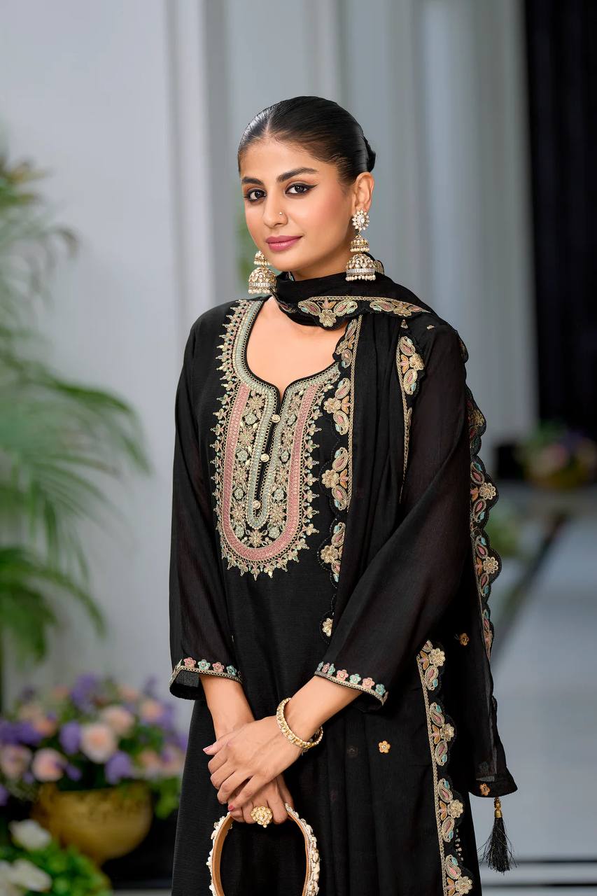 Heavy Chinon Silk Embroidered Sharara Set with Dupatta