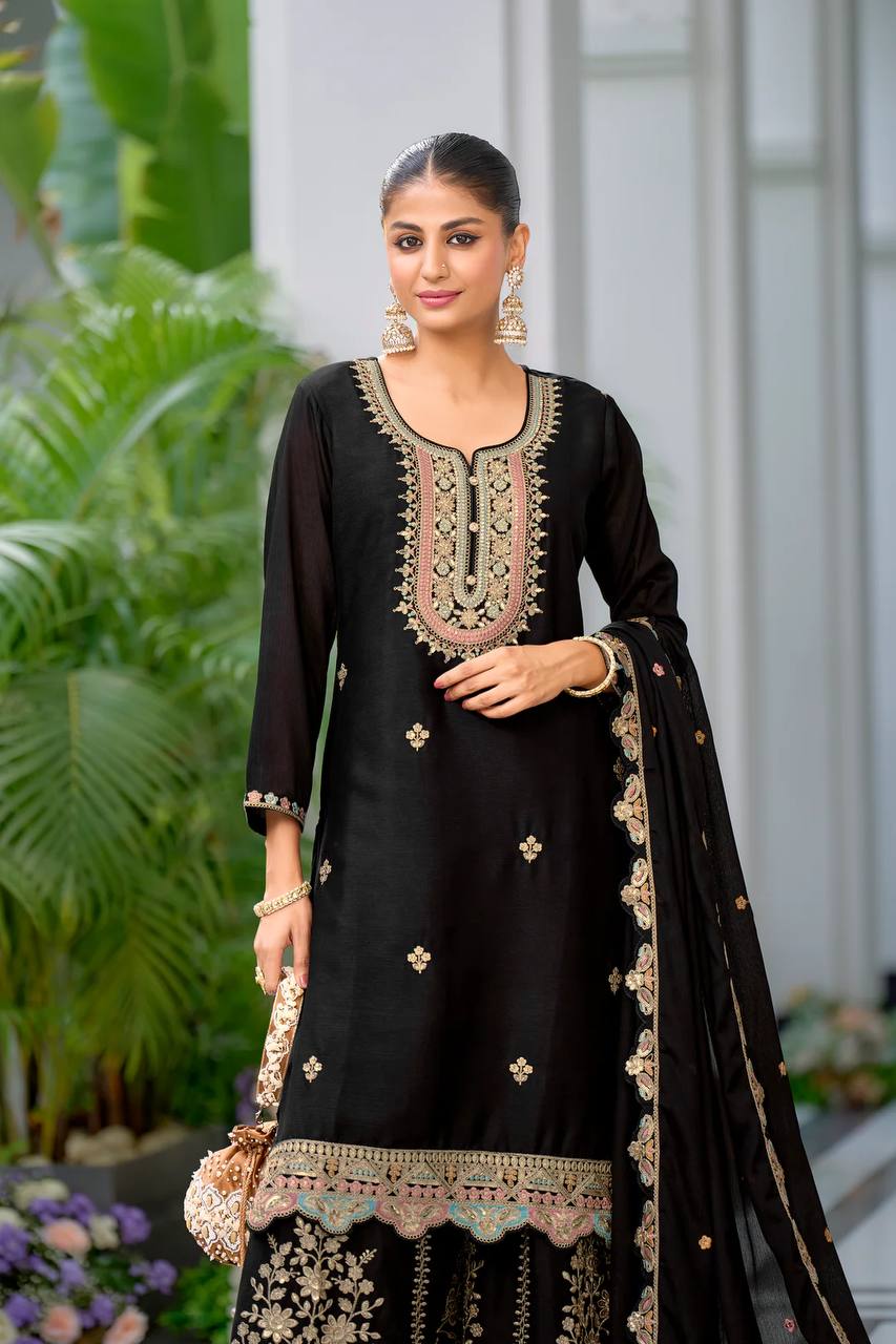 Heavy Chinon Silk Embroidered Sharara Set with Dupatta
