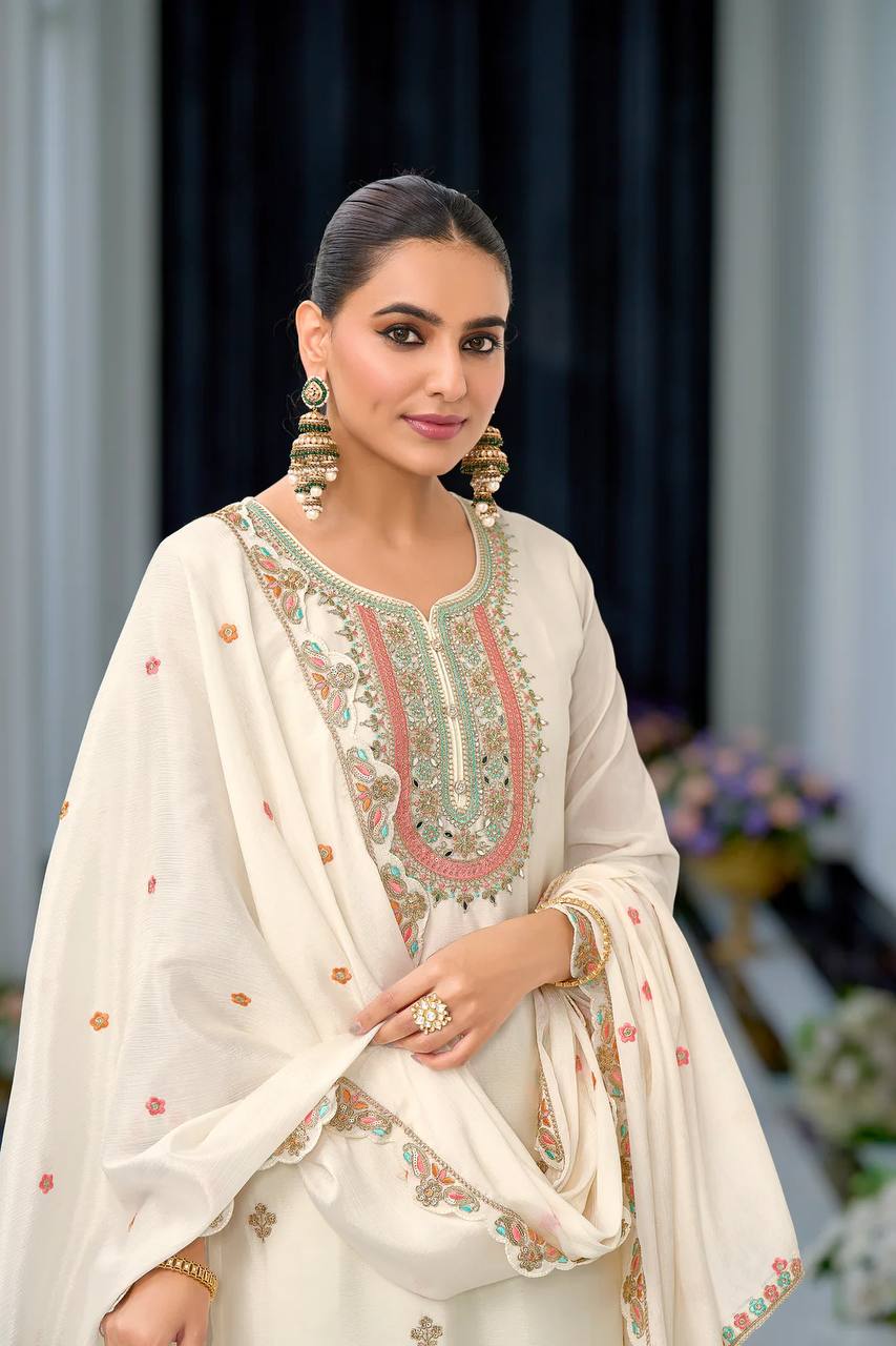 Heavy Chinon Silk Embroidered Sharara Set with Dupatta