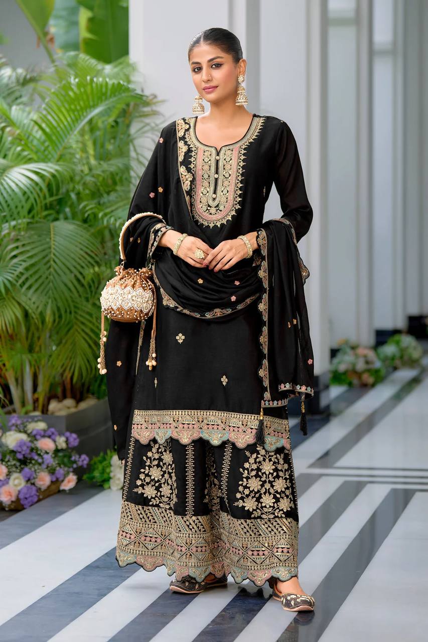 Heavy Chinon Silk Embroidered Sharara Set with Dupatta