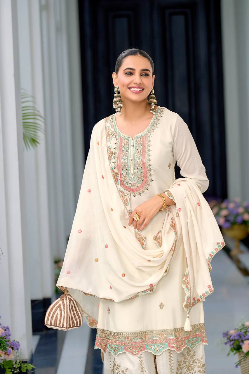 Heavy Chinon Silk Embroidered Sharara Set with Dupatta