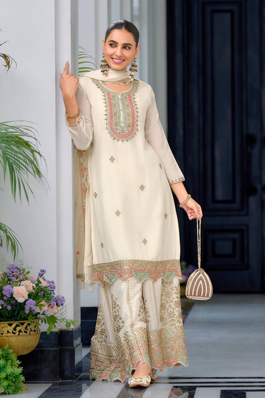 Heavy Chinon Silk Embroidered Sharara Set with Dupatta