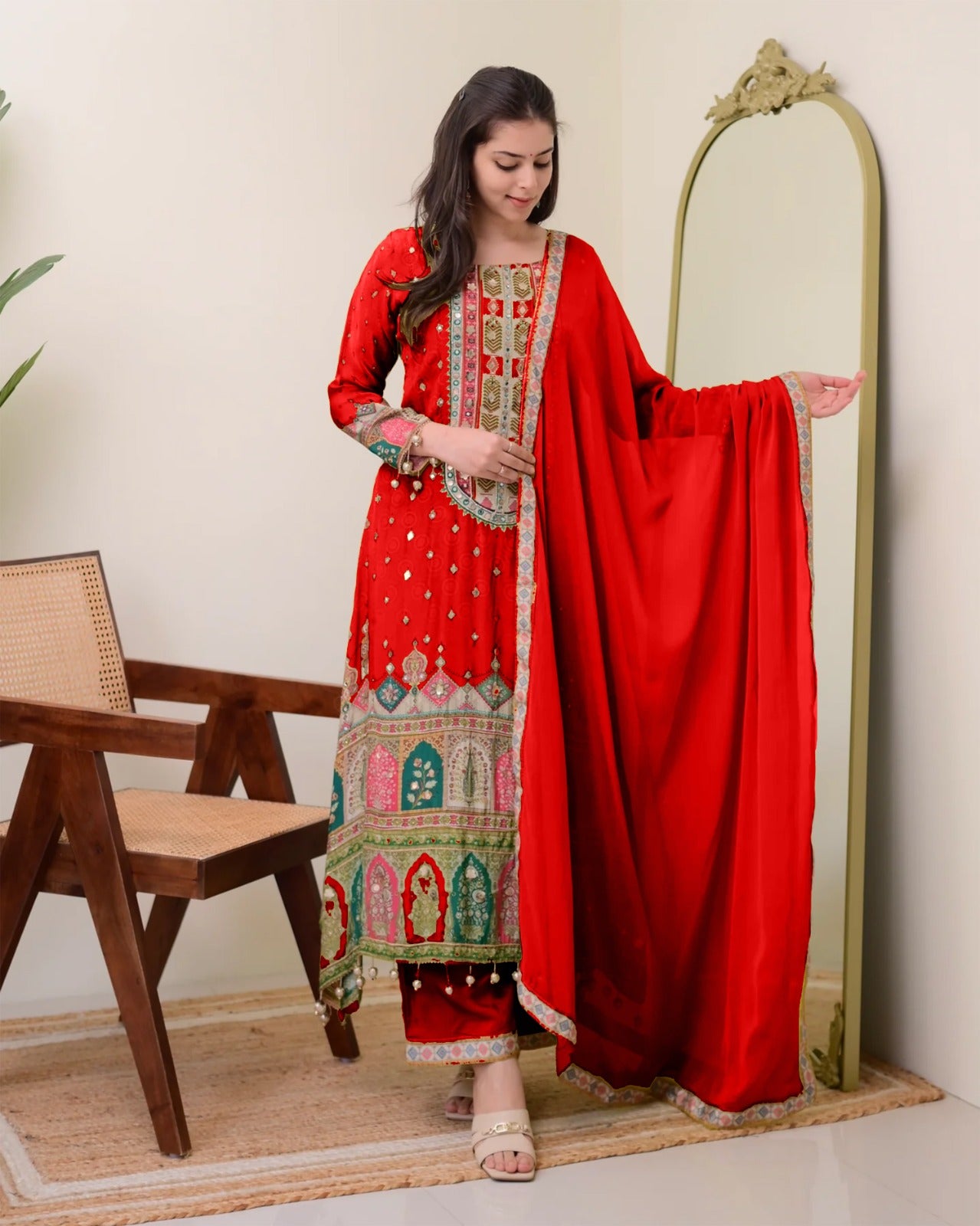 Chinon Silk Suit with Mirror and Sequin Embroidery