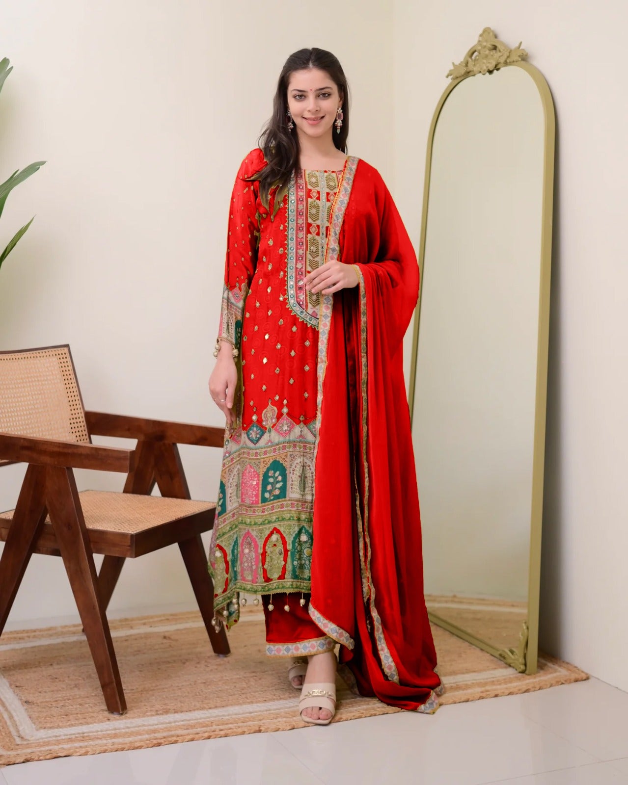Chinon Silk Suit with Mirror and Sequin Embroidery