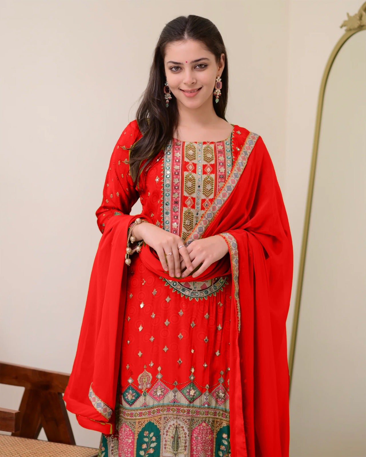 Chinon Silk Suit with Mirror and Sequin Embroidery