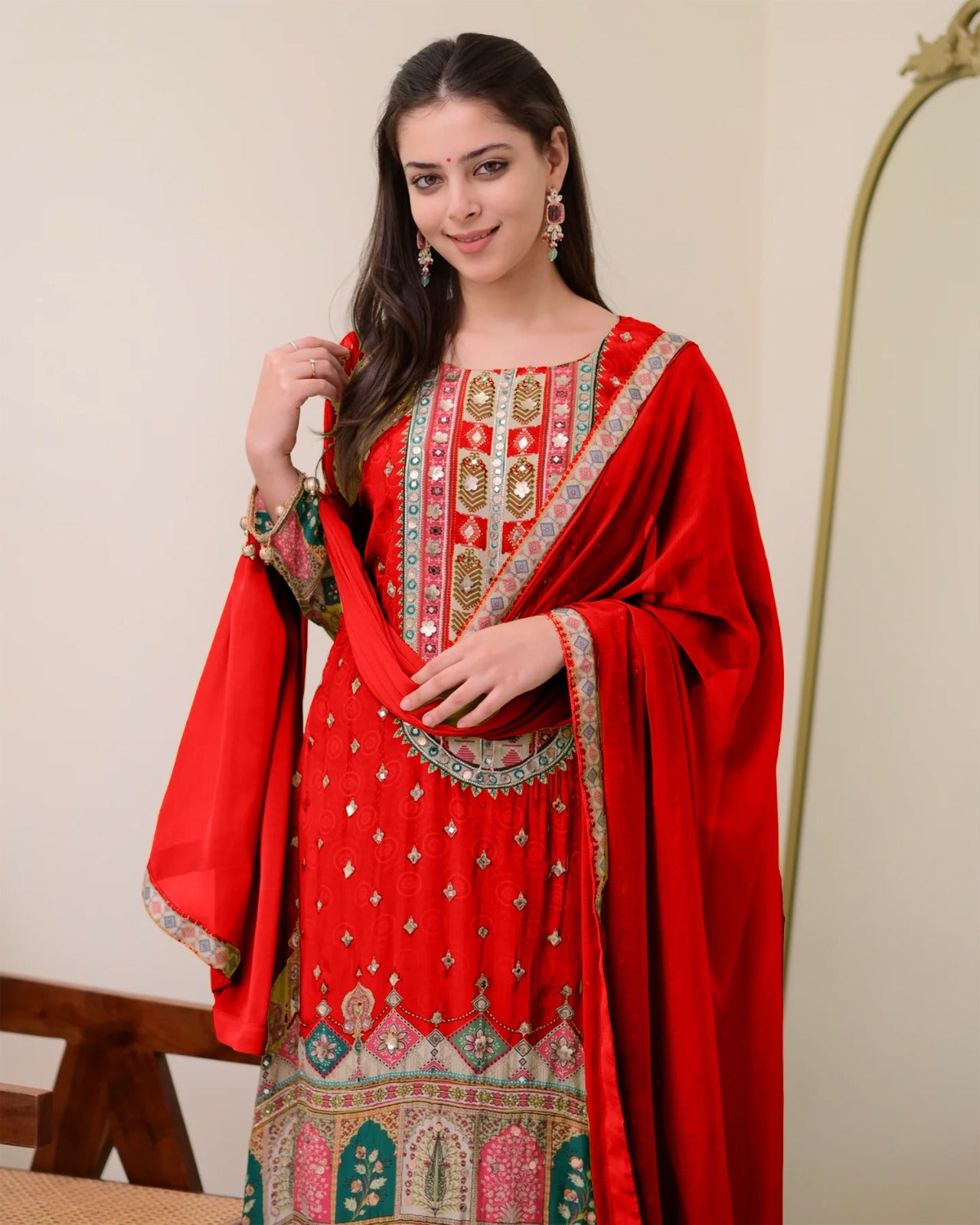Chinon Silk Suit with Mirror and Sequin Embroidery