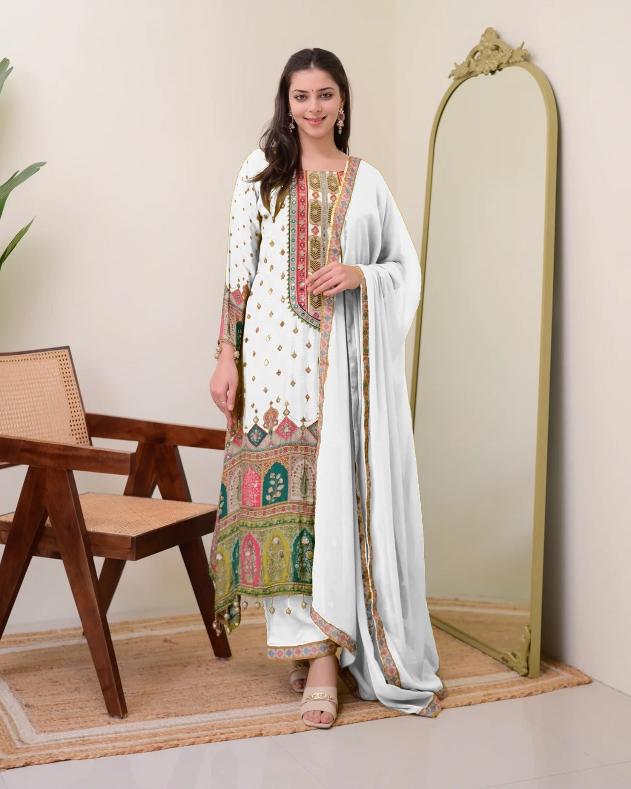Chinon Silk Suit with Mirror and Sequin Embroidery