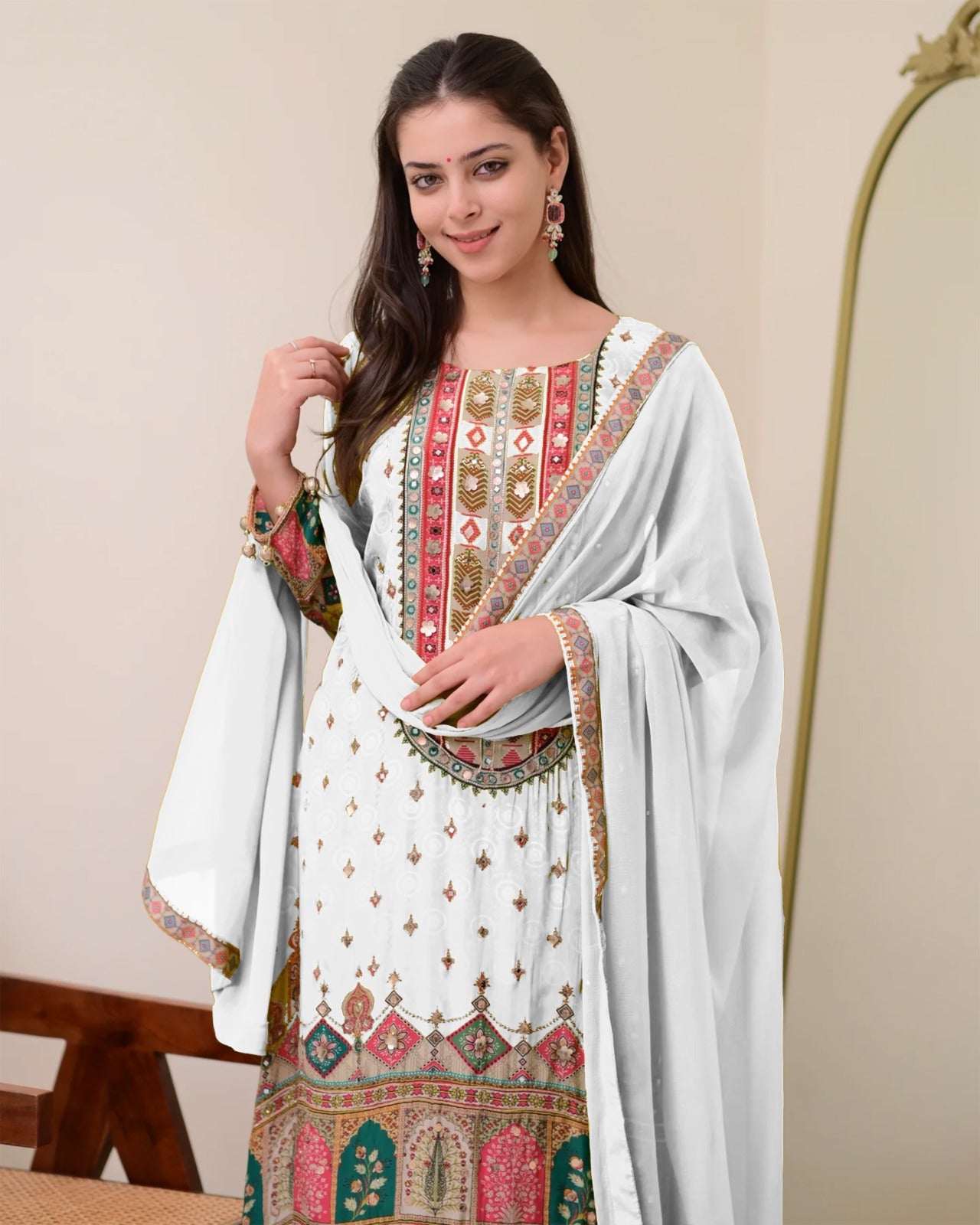 Chinon Silk Suit with Mirror and Sequin Embroidery