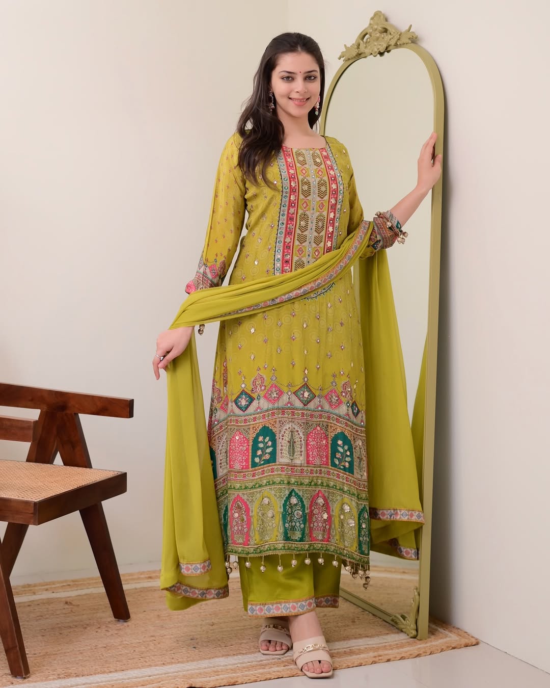 Chinon Silk Suit with Mirror and Sequin Embroidery