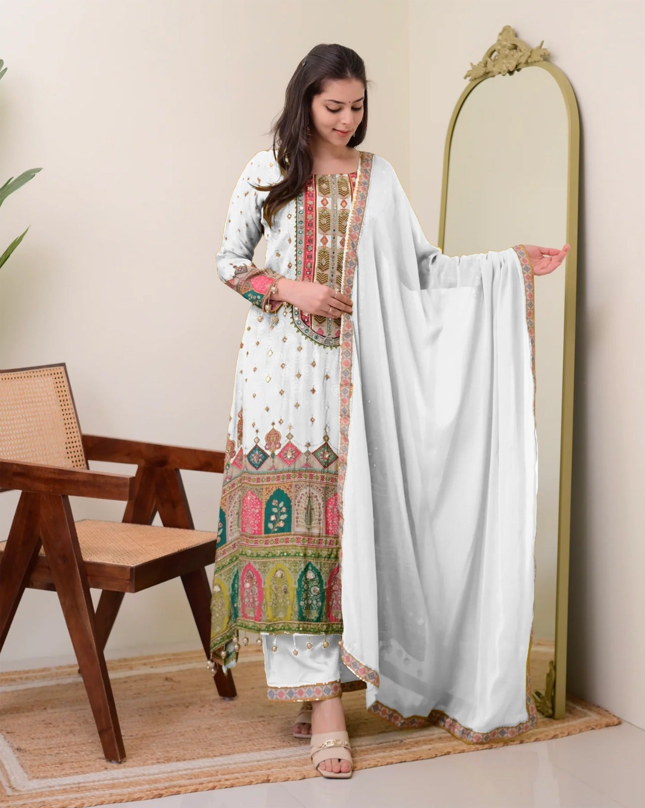 Chinon Silk Suit with Mirror and Sequin Embroidery