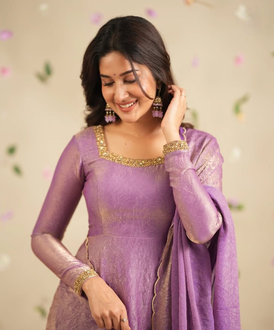 Gold Crush Silk Gown with Butter Silk Bottom and Embroidered Dupatta