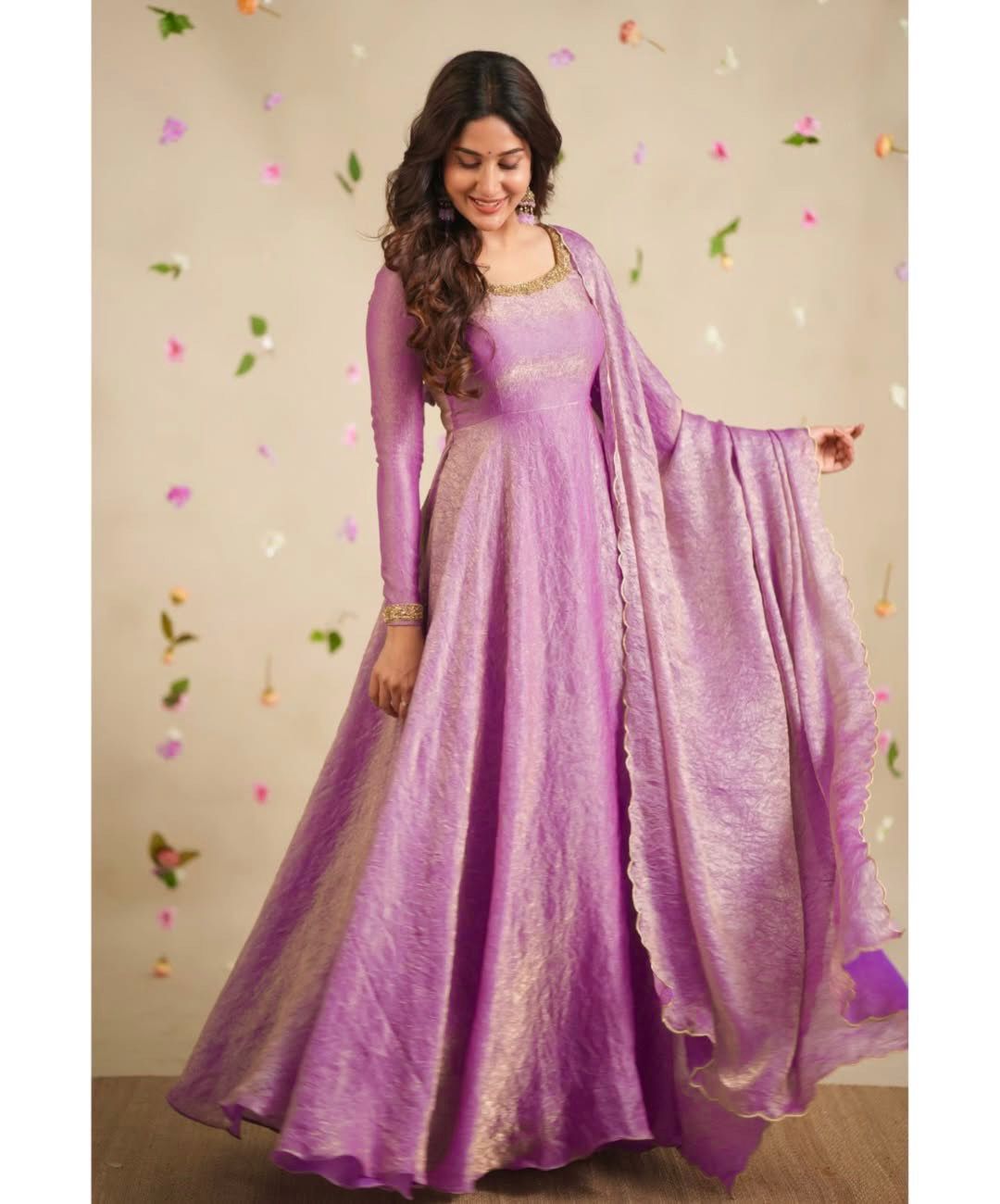 Gold Crush Silk Gown with Butter Silk Bottom and Embroidered Dupatta