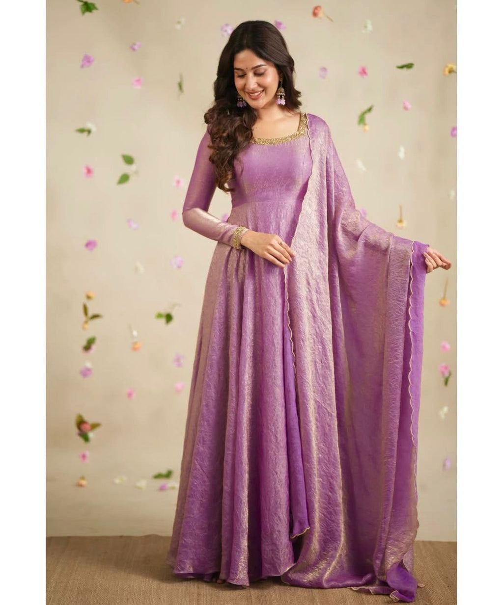 Gold Crush Silk Gown with Butter Silk Bottom and Embroidered Dupatta