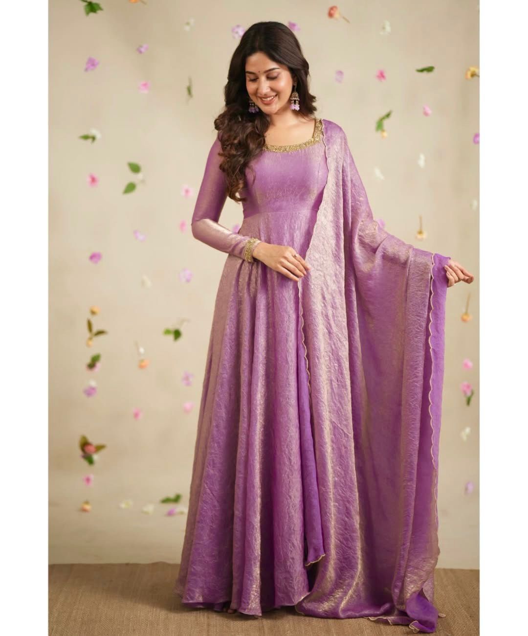 Gold Crush Silk Gown with Butter Silk Bottom and Embroidered Dupatta