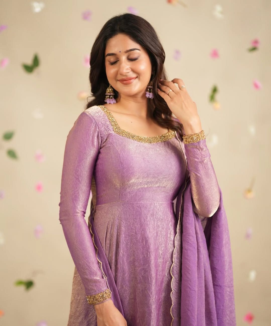 Gold Crush Silk Gown with Butter Silk Bottom and Embroidered Dupatta
