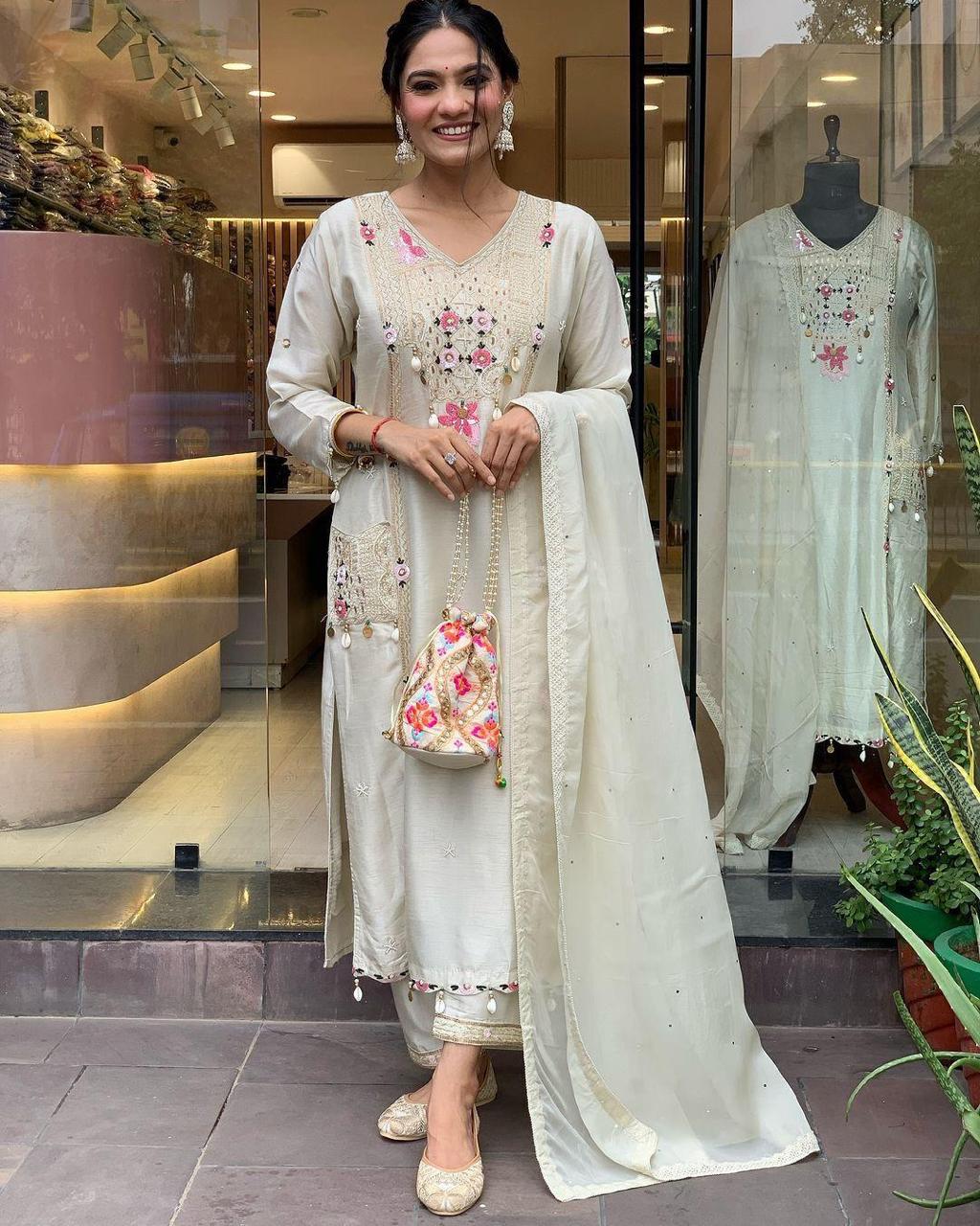 Pure Roman Silk Embroidered Suit with Patch Print