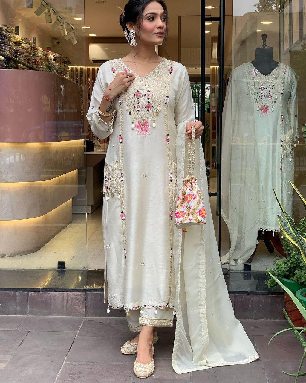 Pure Roman Silk Embroidered Suit with Patch Print