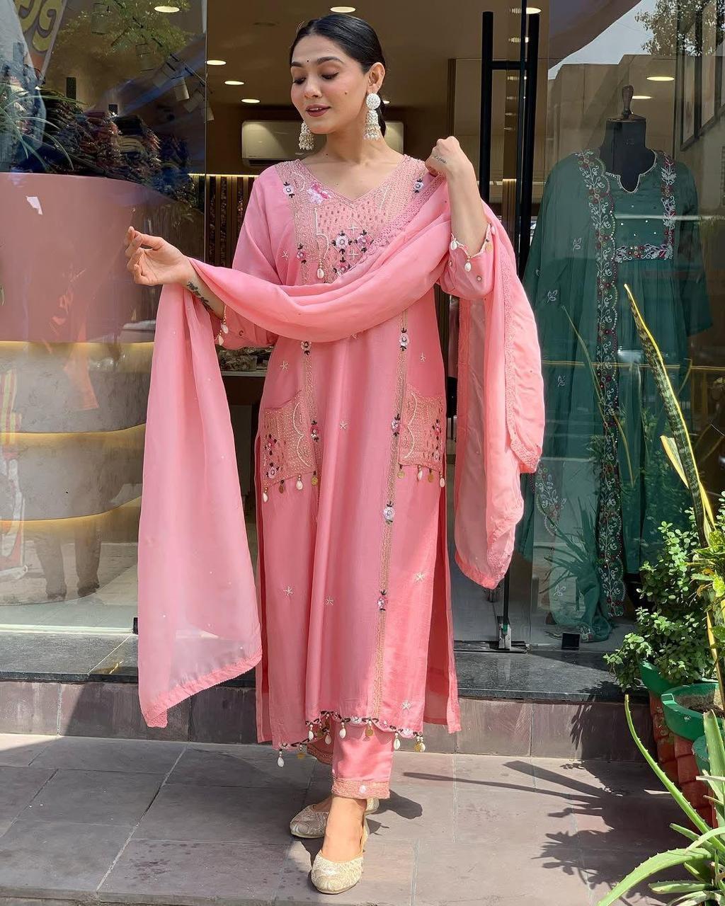 Pure Roman Silk Embroidered Suit with Patch Print