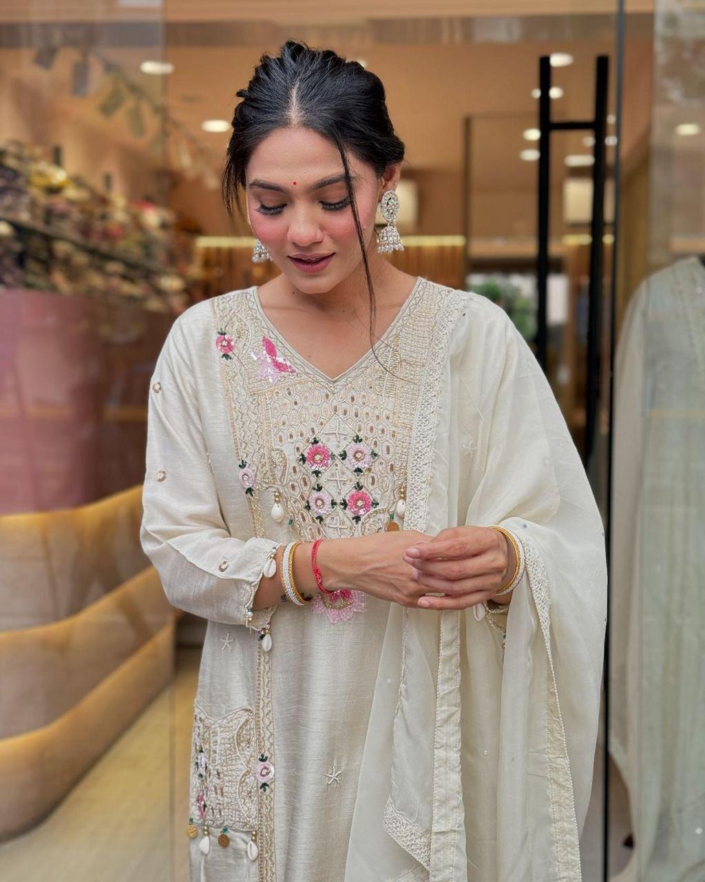 Pure Roman Silk Embroidered Suit with Patch Print