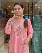 Pure Roman Silk Embroidered Suit with Patch Print