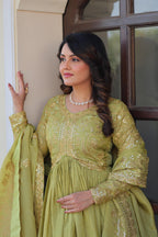 Gold Crush Fabric Embroidered Gown Set with Matching Dupatta