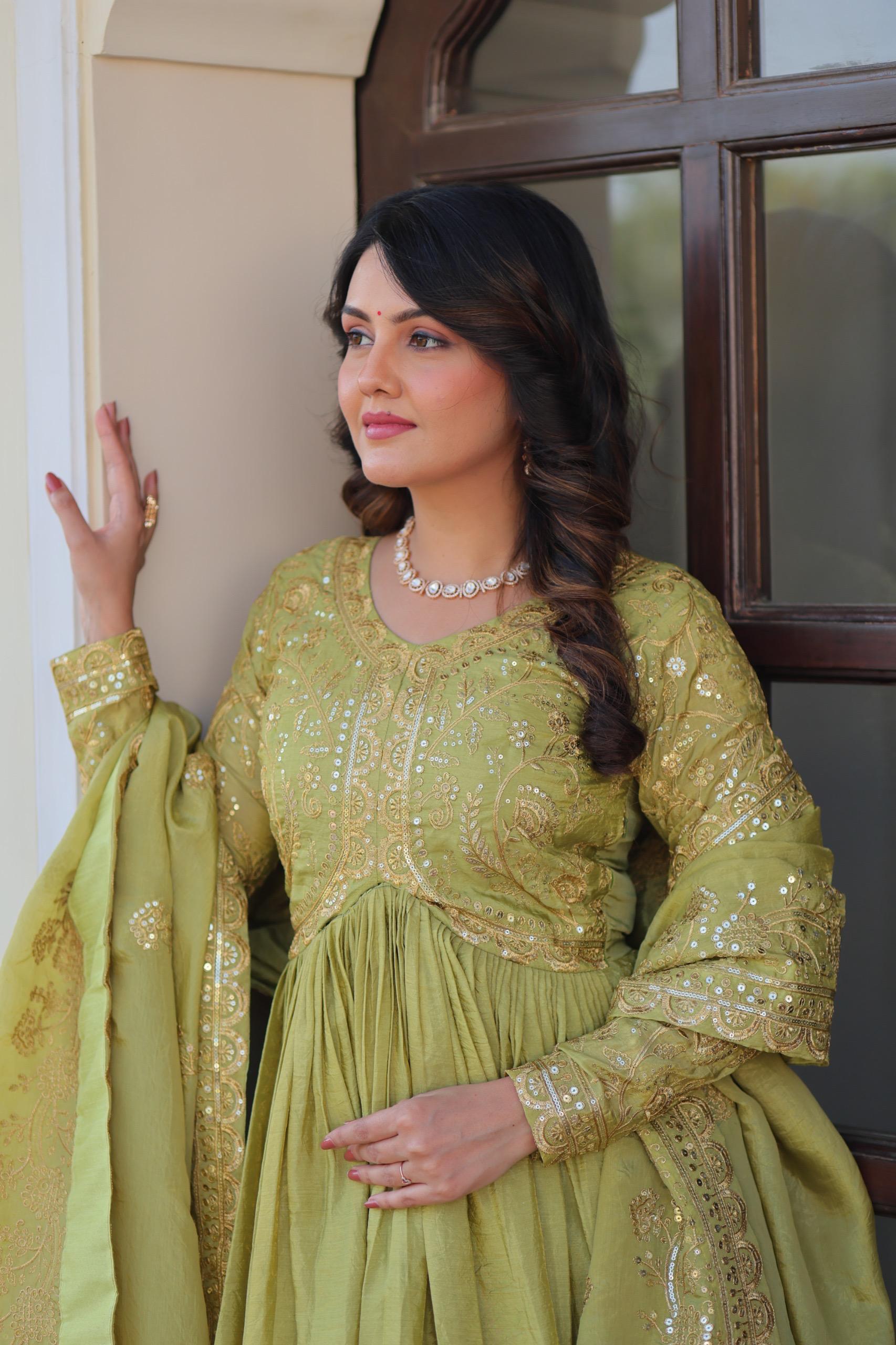 Gold Crush Fabric Embroidered Gown Set with Matching Dupatta