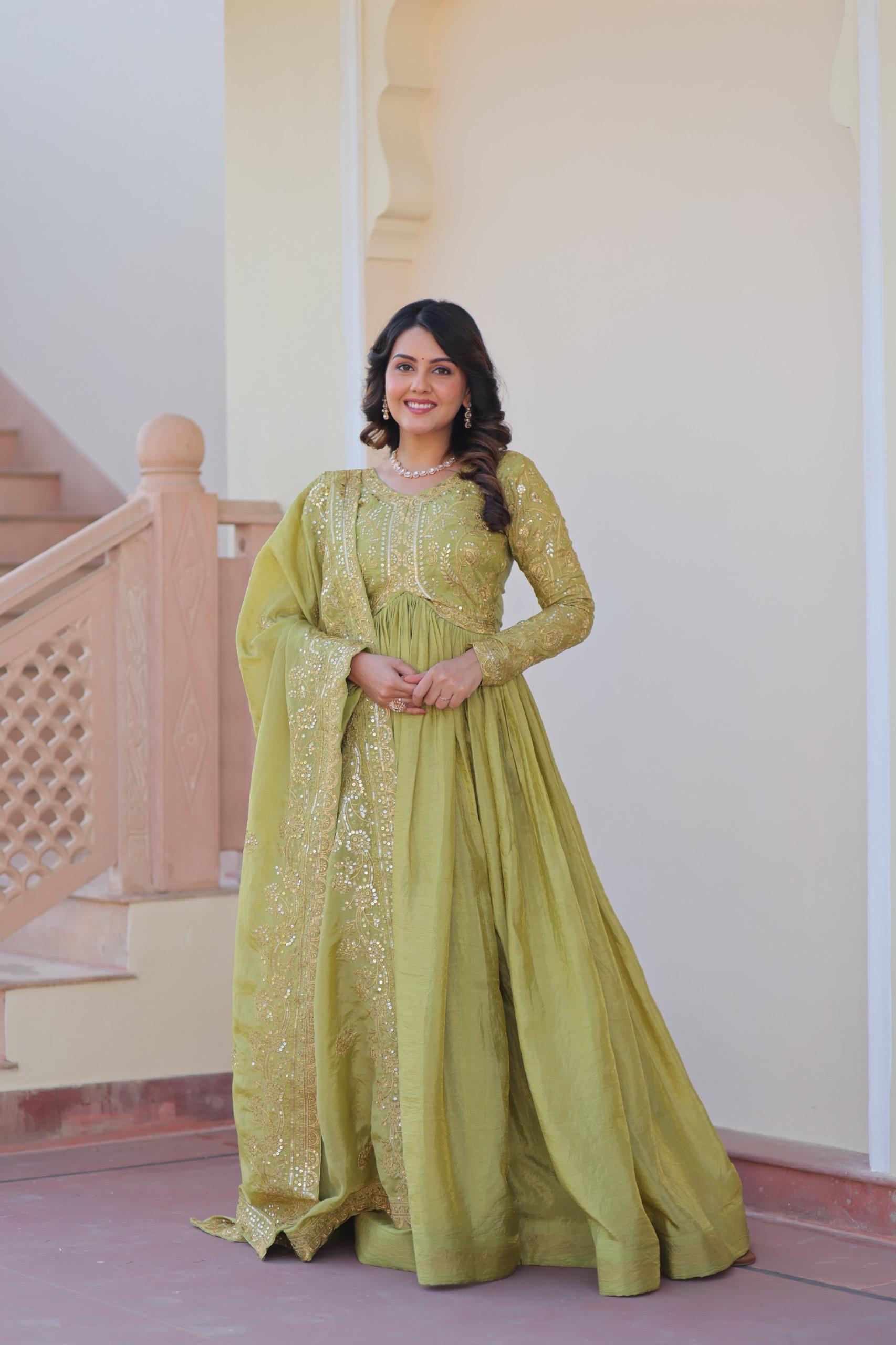 Gold Crush Fabric Embroidered Gown Set with Matching Dupatta