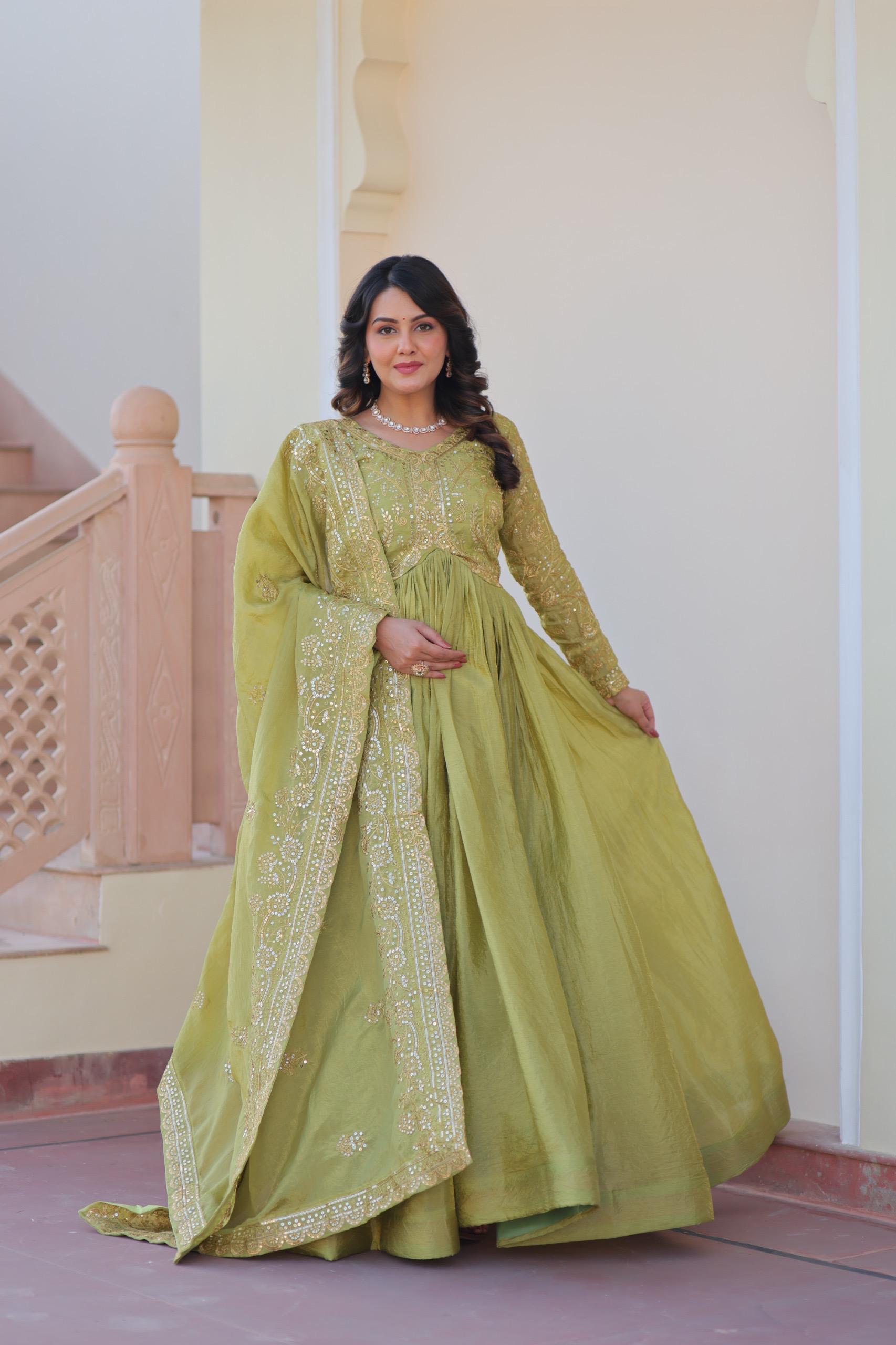 Gold Crush Fabric Embroidered Gown Set with Matching Dupatta