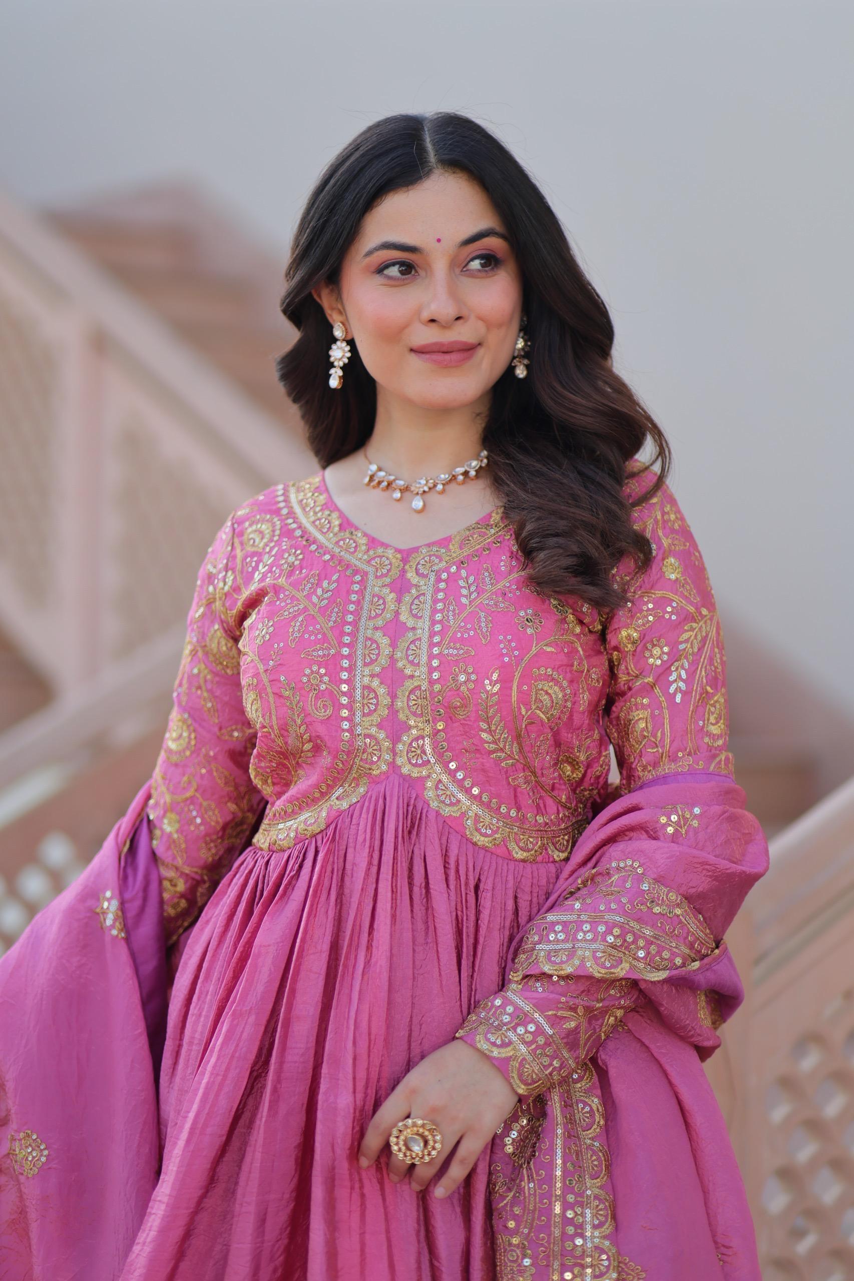 Gold Crush Fabric Embroidered Gown Set with Matching Dupatta