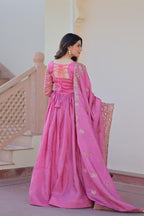 Gold Crush Fabric Embroidered Gown Set with Matching Dupatta