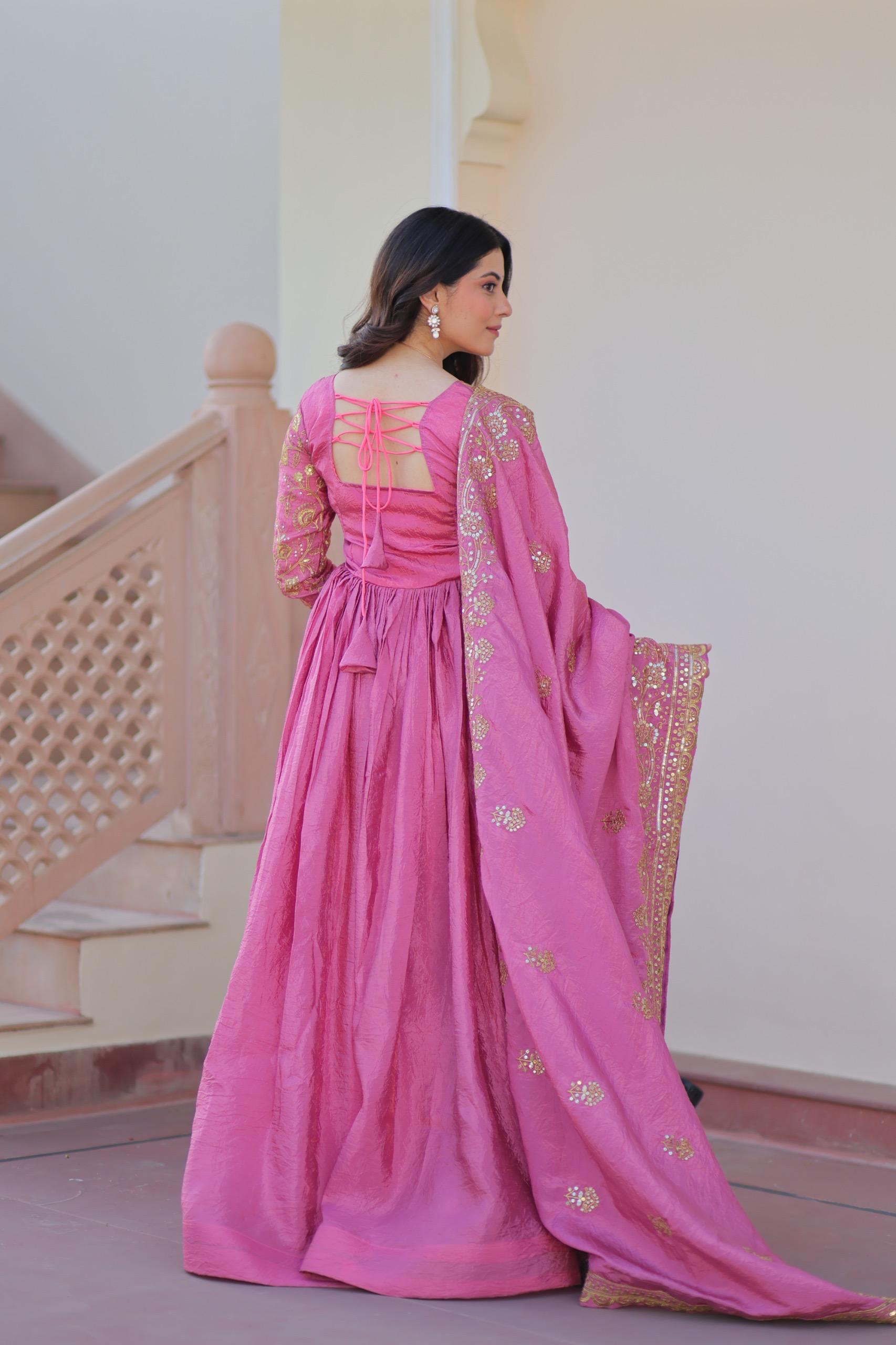 Gold Crush Fabric Embroidered Gown Set with Matching Dupatta