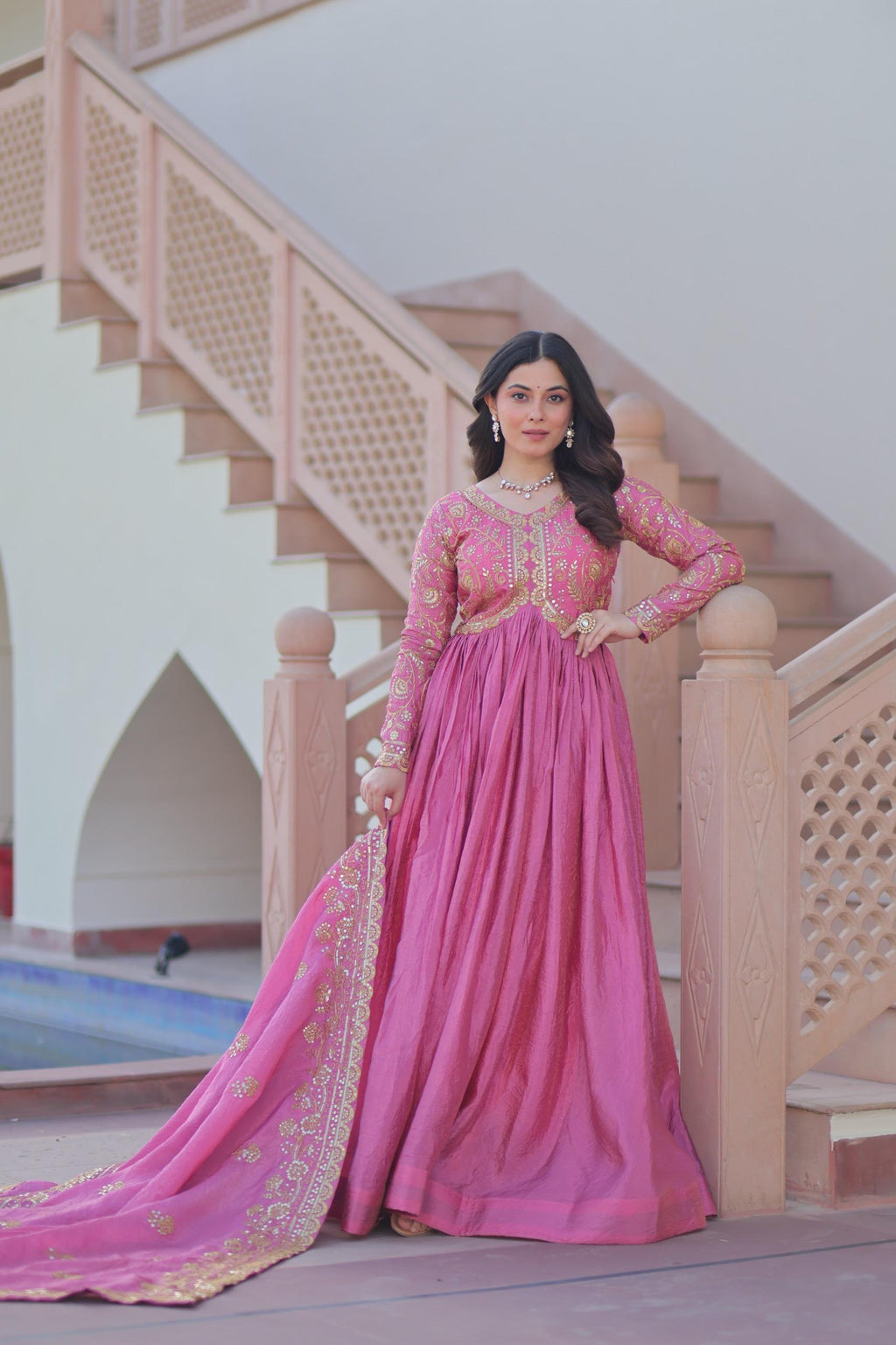 Gold Crush Fabric Embroidered Gown Set with Matching Dupatta